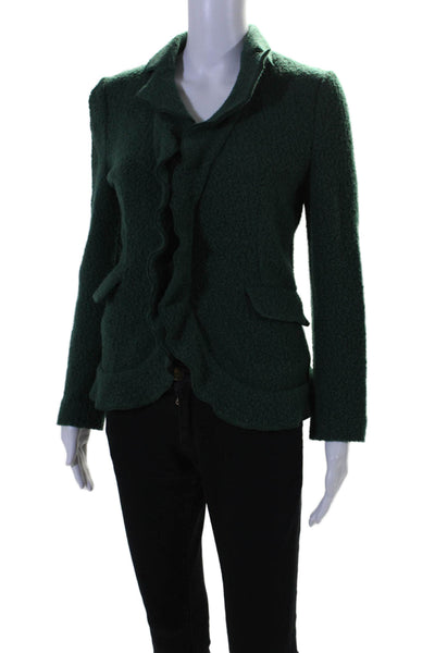 Armani Collezioni Womens Wool V Neck Button Up Ruffle Fleece Jacket Green Size 6