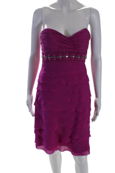 Badgley Mischka Womens Embroider Bead Tiered Zip Hook & Eye Dress Purple Size 6