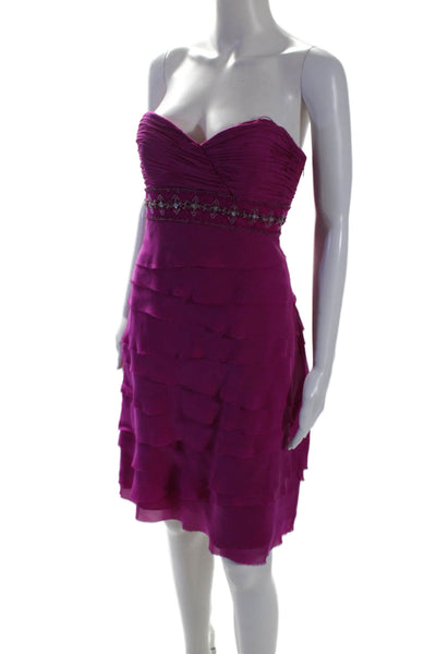 Badgley Mischka Womens Embroider Bead Tiered Zip Hook & Eye Dress Purple Size 6