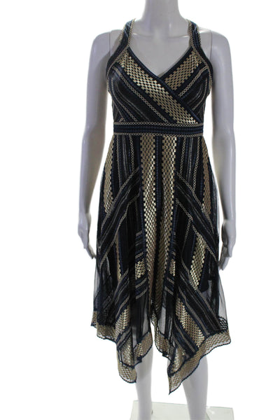 BCBGMAXAZRIA Womens Navy Metallic Gold Printed Sleeveless Shift Dress Size 2