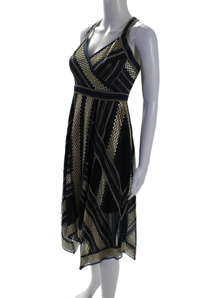 BCBGMAXAZRIA Womens Navy Metallic Gold Printed Sleeveless Shift Dress Size 2