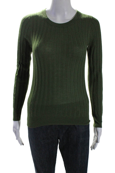 J Crew Womens Green Merino Wool Ribbed Crew Neck Pullover Sweater Top Size XXS