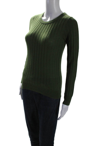 J Crew Womens Green Merino Wool Ribbed Crew Neck Pullover Sweater Top Size XXS