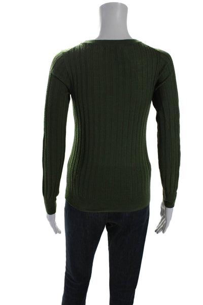 J Crew Womens Green Merino Wool Ribbed Crew Neck Pullover Sweater Top Size XXS