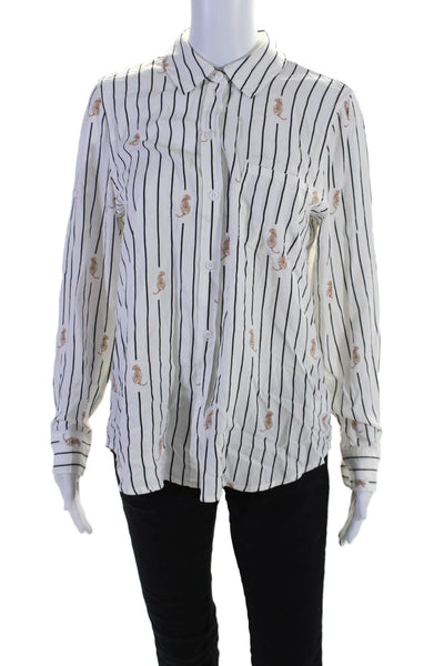 Rails Womens Striped Tiger Print Long Sleeve Button Down Shirt Top White Size S