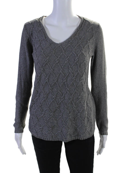 Belford Womens Metallic Long Sleeve Cable Knit V-Neck Sweater Dark Gray Size M