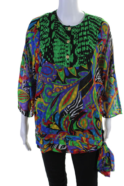 Diane Fres Women's Round Neck 3/4 Sleeves Tie Side Multicolor Blouse Size L