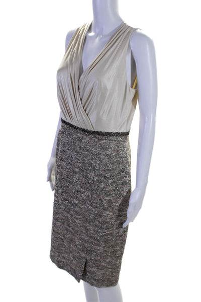 Kay Unger Women's V-Neck Sleeveless Beaded Slit Hem Mini Dress Beige Size 8