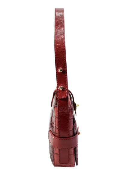 Cole Haan Womens Croc Embossed Leather One Strap Shoulder Bag Handbag Red