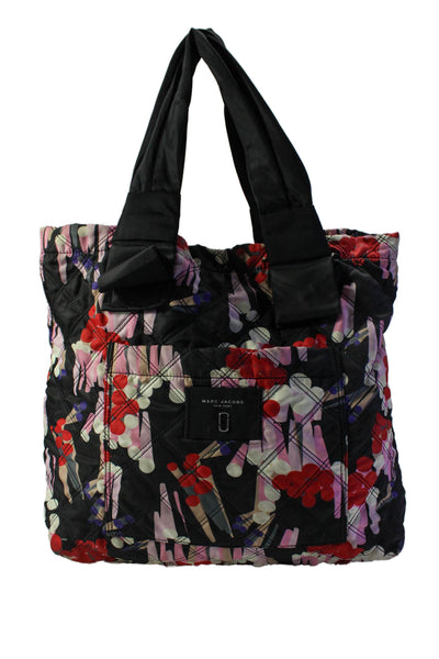 Marc Jacobs Womens Quilted Floral Print Magnetic Closure Tote Bag Handbag Black