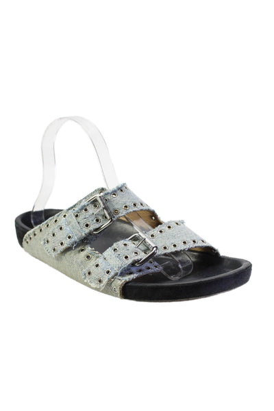 Isabel Marant Womens Cotton Denim Frayed Double Buckle Slide Sandals Blue Size 9