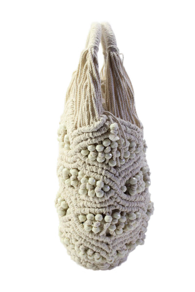 Zara Cotton Beaded Net Drawstring Top Handle Bucket Handbag Beige