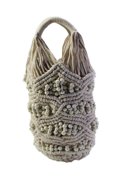 Zara Cotton Beaded Net Drawstring Top Handle Bucket Handbag Beige