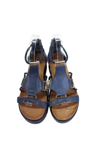 Inuovo Womens Leather Gold Tone Zip Up Platform Sandals Navy Blue Size 37 7