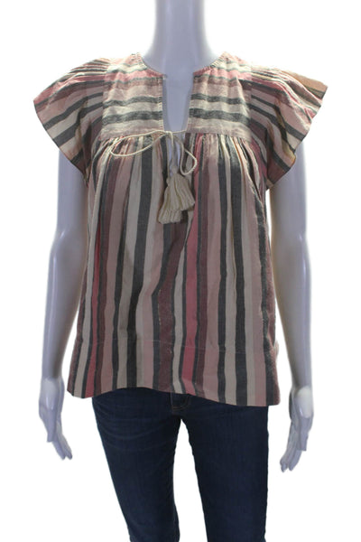 Ulla Johnson Womens Textured Short Sleeve Tie Front Lined Stripe Top Pink Size 2