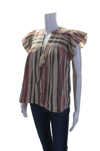 Ulla Johnson Womens Textured Short Sleeve Tie Front Lined Stripe Top Pink Size 2