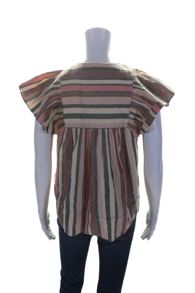 Ulla Johnson Womens Textured Short Sleeve Tie Front Lined Stripe Top Pink Size 2