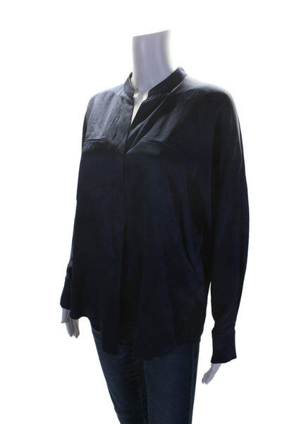 Vince Womens Silk V-neck Cuff Long Sleeve Satin Blouse Navy Blue Size S