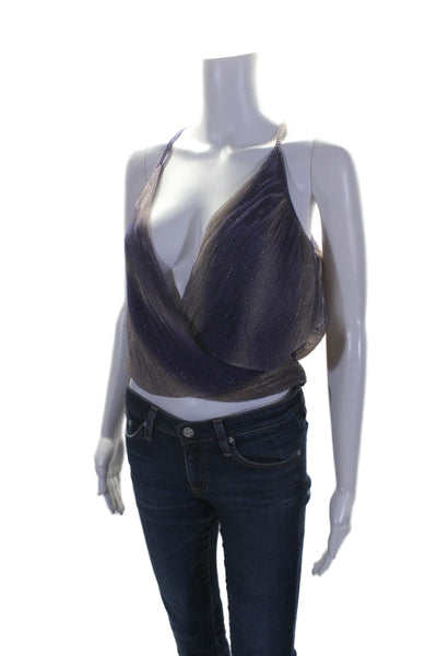 Ramy Brook Womens Texture Lined Front Tie Sleeveless Halter Neck Top Purple Size