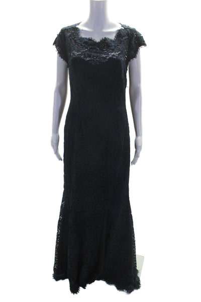 Monique Lhuillier Women's Round Neck Short Sleeves Lace Maxi Dress Blue Size 10