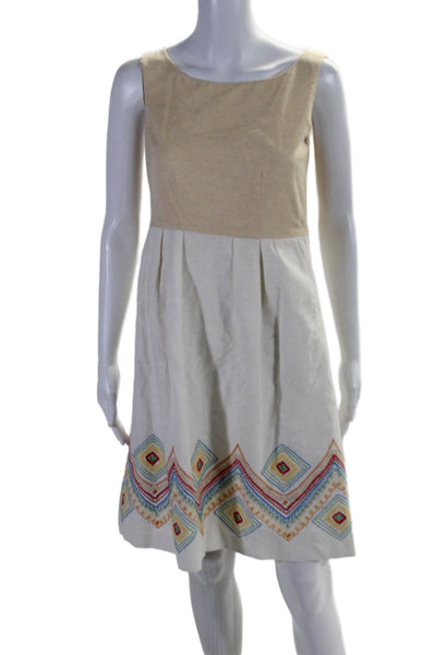 Mademoiselle Womens Linen Blend Embroidered Sleeveless Zip Up Dress Beige Size 2