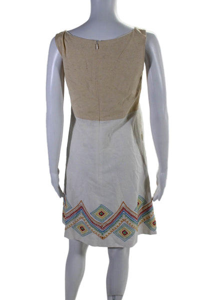 Mademoiselle Womens Linen Blend Embroidered Sleeveless Zip Up Dress Beige Size 2