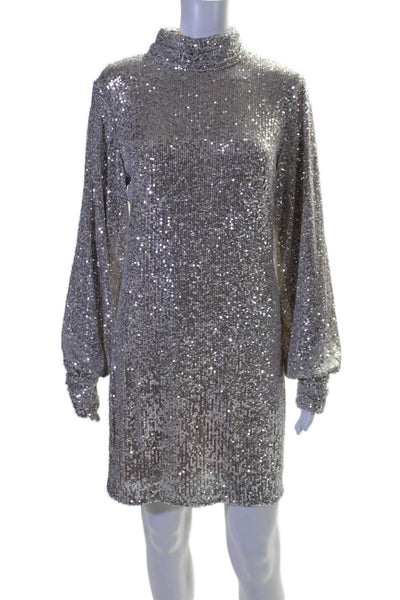 One 33 Social Women's High Neck Long Sleeves Sequin Mini Dress Silver Size 10