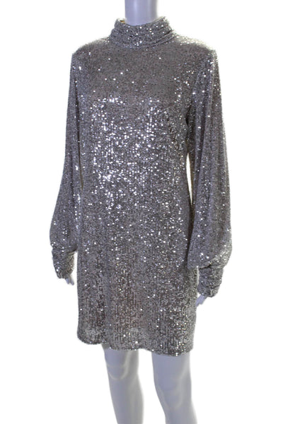 One 33 Social Women's High Neck Long Sleeves Sequin Mini Dress Silver Size 10