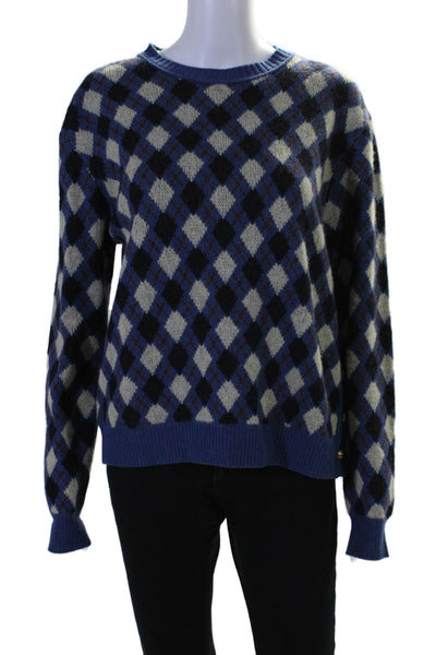 Wales Bonner Womens Argyle Print Crew Neck Sweater Blue Black Wool Blend Size 3