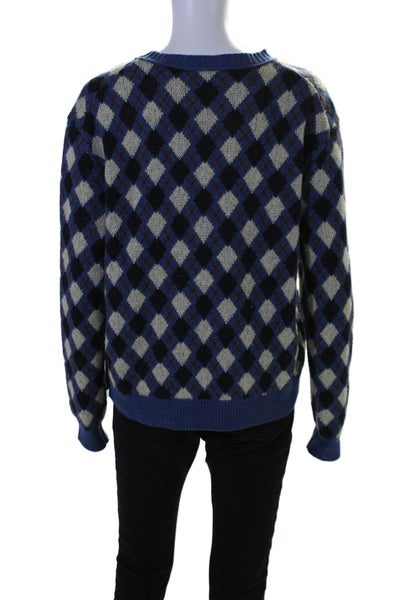 Wales Bonner Womens Argyle Print Crew Neck Sweater Blue Black Wool Blend Size 3