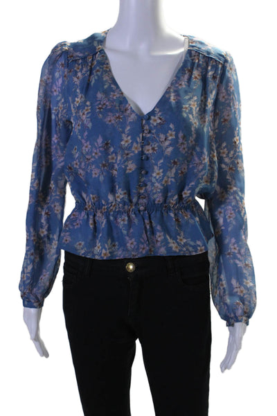 Intermix Womens Silk Floral Print V Neck Long Sleeves Blouse Blue Size Small