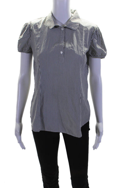 Theory Womens Cotton Striped Print Short Sleeve Button Up Top Gray White Size S