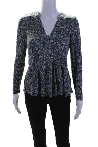 Rebecca Taylor Womens Floral Print Long Sleeve Peplum Blouse Multicolor Size 6