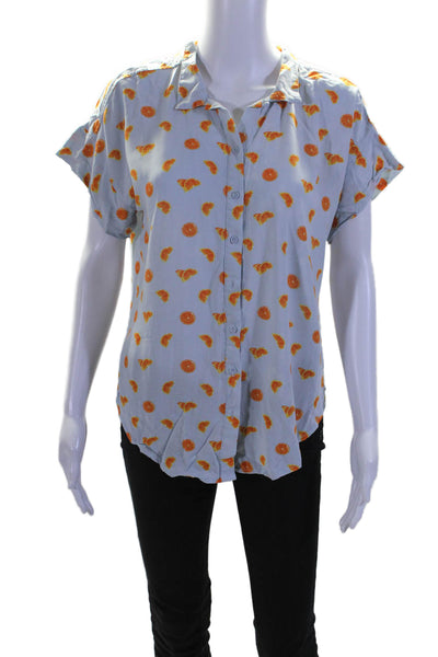 Per Se Womens Orange Graphic Print Short Sleeve Button Down Shirt Blue Size M