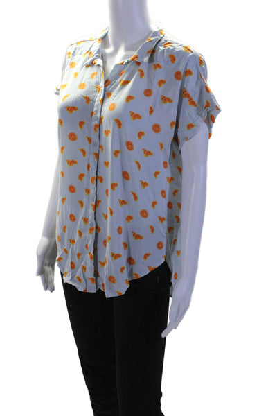 Per Se Womens Orange Graphic Print Short Sleeve Button Down Shirt Blue Size M