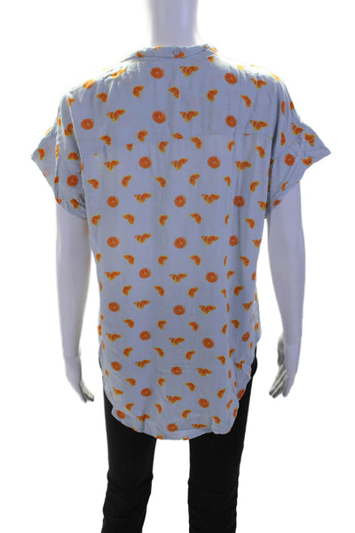 Per Se Womens Orange Graphic Print Short Sleeve Button Down Shirt Blue Size M