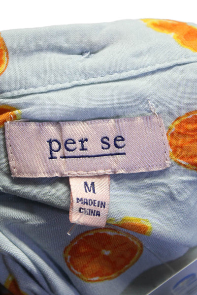 Per Se Womens Orange Graphic Print Short Sleeve Button Down Shirt Blue Size M