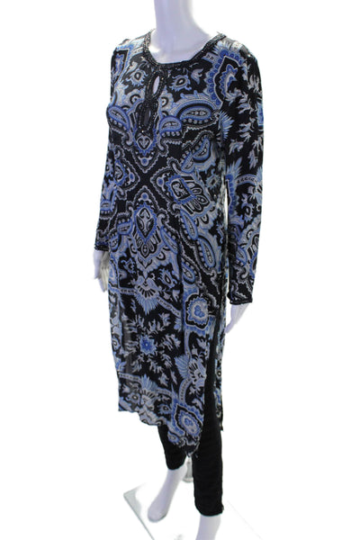 Calypso Saint Barth Womens Silk Floral Side Slit Beaded Blouse Blue Size M