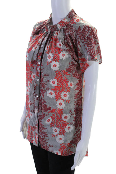 Roberta Freymann Womens Silk Floral High Low Ruched Buttoned Blouse Red Size S