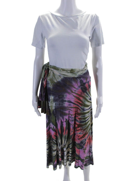 Elan Womens Stretch Tie Dye Print Belted Midi Skirt Multicolor Size M