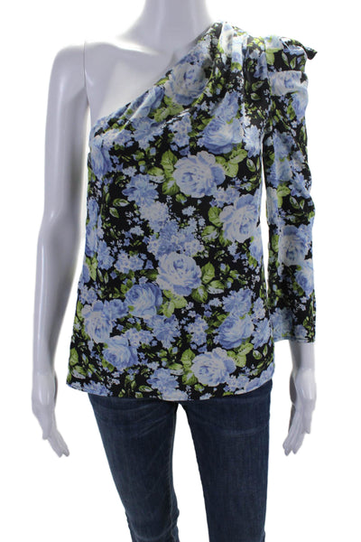 Les Reveries Womens Silk Black Floral One Shoulder Long Sleeve Blouse Top Size 0