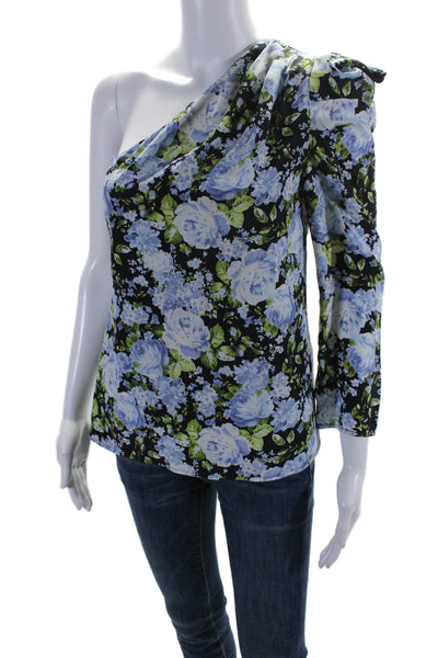 Les Reveries Womens Silk Black Floral One Shoulder Long Sleeve Blouse Top Size 0