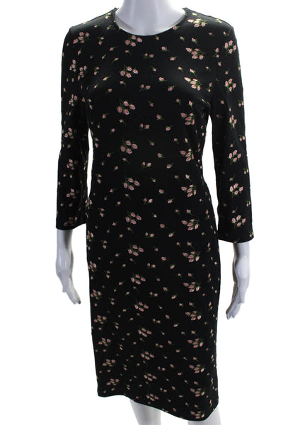 Erdem Womens Black Floral Embroidered Crew Neck Long Sleeve Shift Dress Size S