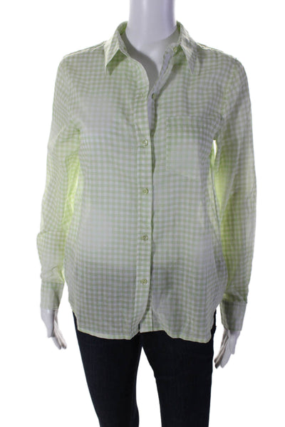 Ecru Womens Long Sleeve Check Print Collared Button Down Top Green Small