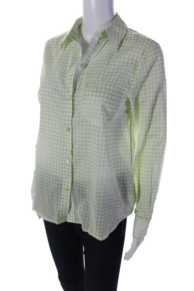 Ecru Womens Long Sleeve Check Print Collared Button Down Top Green Small