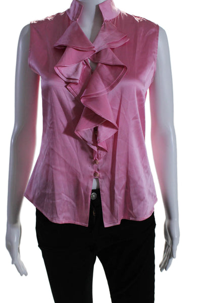 St. John Womens Silk Sleeveless V Neck Button Down Ruffle Blouse Pink Size 2