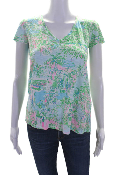 Lilly Pulitzer Womens Short Sleeve V Neck Beach Print Tee Shirt Blue Multi XS