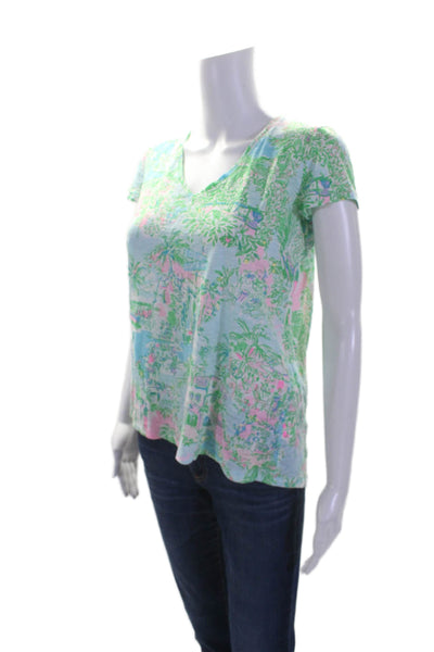 Lilly Pulitzer Womens Short Sleeve V Neck Beach Print Tee Shirt Blue Multi XS