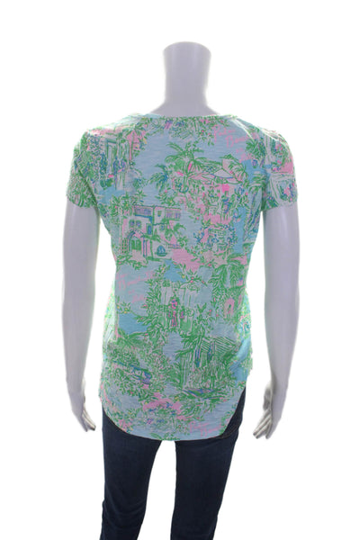 Lilly Pulitzer Womens Short Sleeve V Neck Beach Print Tee Shirt Blue Multi XS