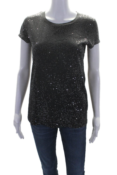 DKNY Womens Short Sleeve Crew Neck Sequin Tee Shirt Gray Cotton Size Small